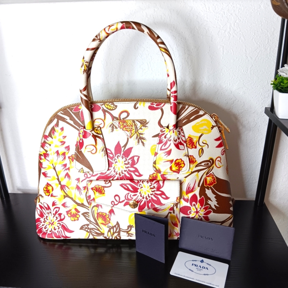 Prada RARE 💐 Large Floral Saffiano Lux Promenade Dome Sachel Bag - Picture 8 of 17